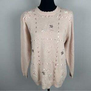 Vintage Coquette Grandma Pale Pink Knit Sweater Women Small Pearl Ribbon Cottage